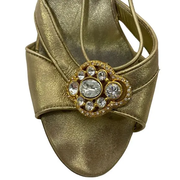 Mary Norton Italian Heels Gold Leather Rhinestone Crystal Slingback Sandal Sz 6