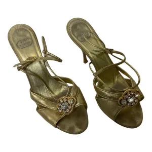 Mary Norton Italian Heels Gold Leather Rhinestone Crystal Slingback Sandal Sz 6