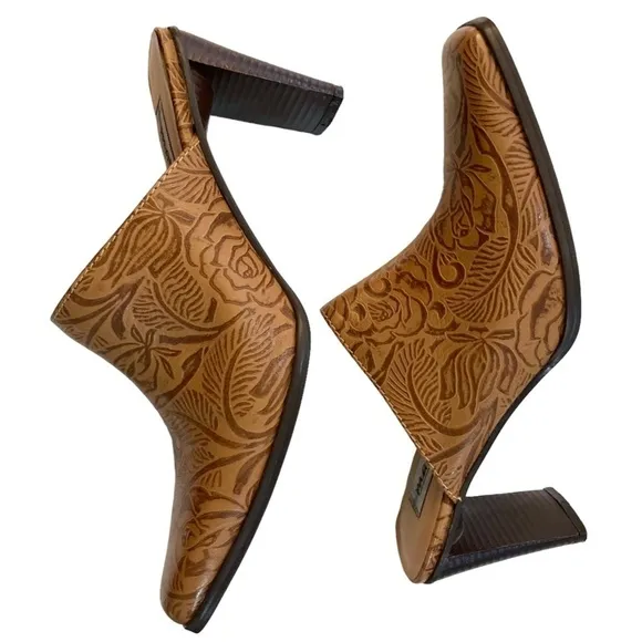 MATISSE Brown Tooled Leather Heeled Slip On Mules