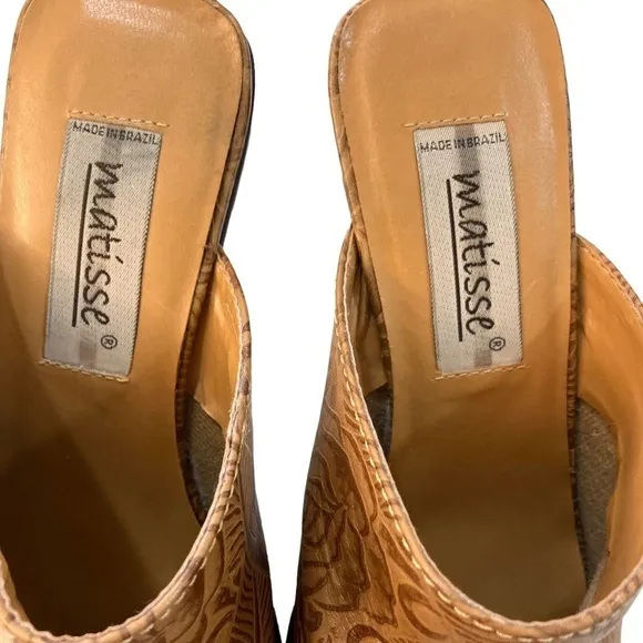 MATISSE Brown Tooled Leather Heeled Slip On Mules