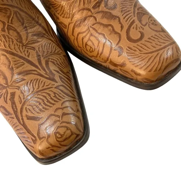 MATISSE Brown Tooled Leather Heeled Slip On Mules