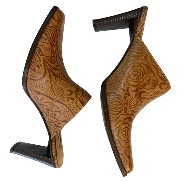 MATISSE Brown Tooled Leather Heeled Slip On Mules