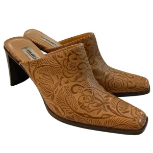 MATISSE Brown Tooled Leather Heeled Slip On Mules