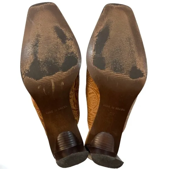 MATISSE Brown Tooled Leather Heeled Slip On Mules