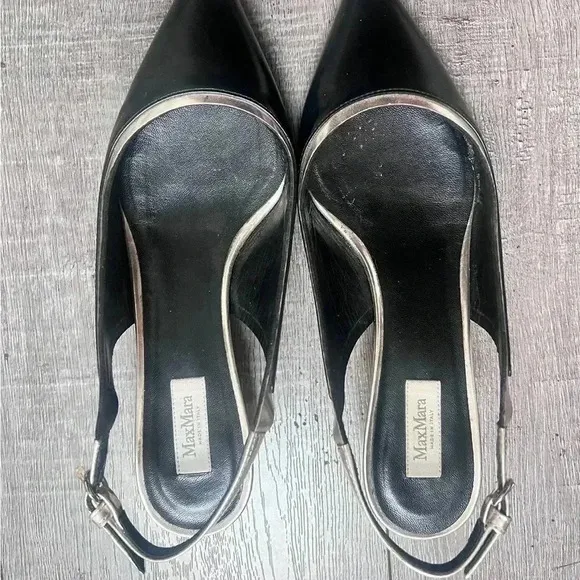 MAX MARA Black Leather Printed Slingback Kitten Heels Size 6 TRENDING