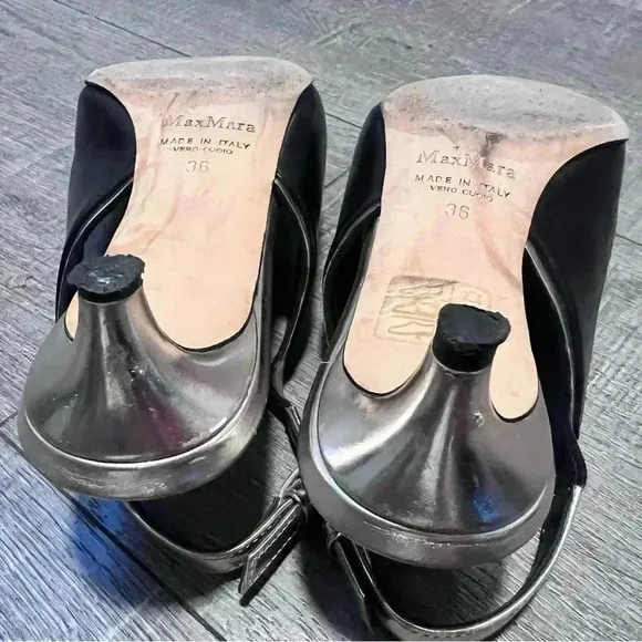 MAX MARA Black Leather Printed Slingback Kitten Heels Size 6 TRENDING