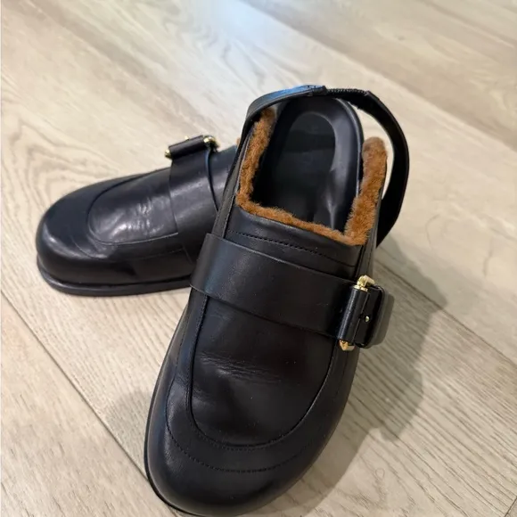 ME EM Black Shearling Buckle Leather Clog