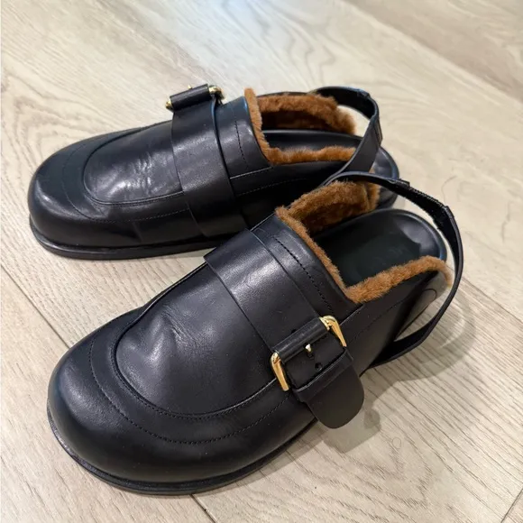 ME EM Black Shearling Buckle Leather Clog