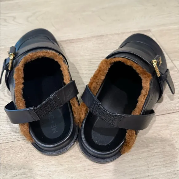ME EM Black Shearling Buckle Leather Clog