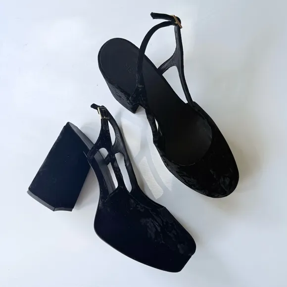 ME EM Crushed Velvet Platform Slingback Heels Black Size 40