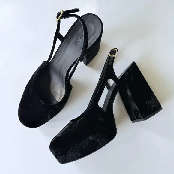 ME EM Crushed Velvet Platform Slingback Heels Black Size 40