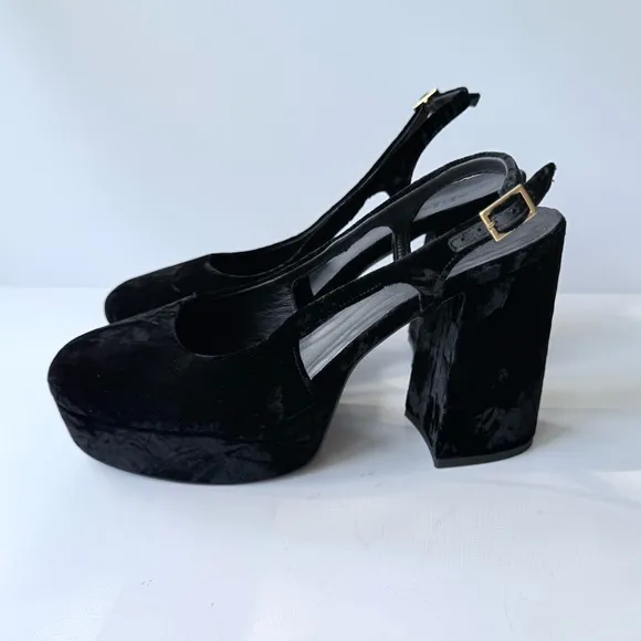 ME EM Crushed Velvet Platform Slingback Heels Black Size 40