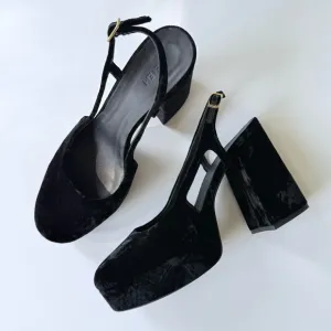 ME EM Crushed Velvet Platform Slingback Heels Black Size 40