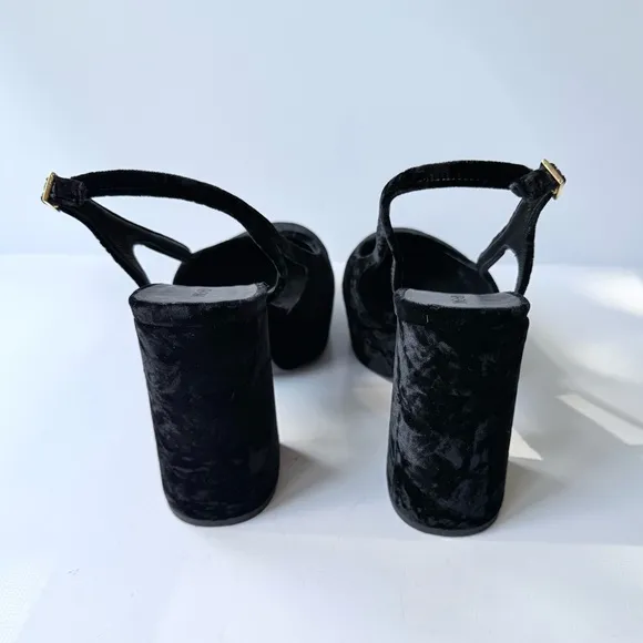 ME EM Crushed Velvet Platform Slingback Heels Black Size 40