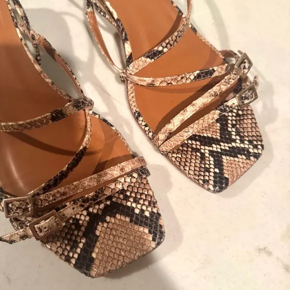 ME   EM Snake Print Leather Strappy Open Toe Kitten Heels Brown Size 11/41