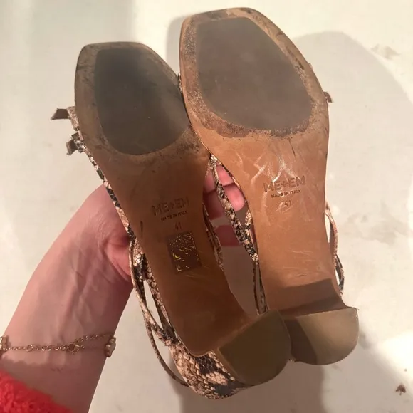 ME   EM Snake Print Leather Strappy Open Toe Kitten Heels Brown Size 11/41