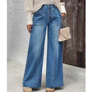 Medium Wash Blue Wide leg Button Fly Wide leg Denim Jeans