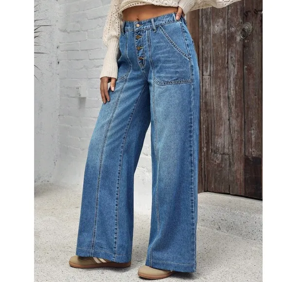 Medium Wash Blue Wide leg Button Fly Wide leg Denim Jeans
