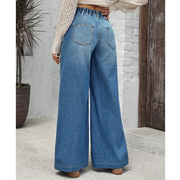 Medium Wash Blue Wide leg Button Fly Wide leg Denim Jeans