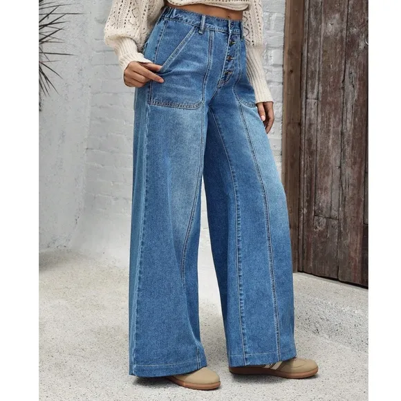 Medium Wash Blue Wide leg Button Fly Wide leg Denim Jeans