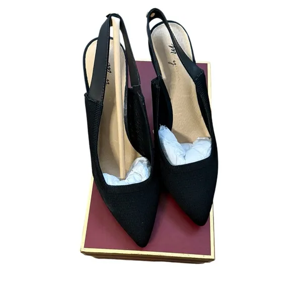 Melyann Jinji New Black Stiletto Leather and Fabric Slingback Heels Size 7