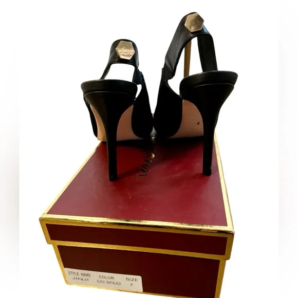 Melyann Jinji New Black Stiletto Leather and Fabric Slingback Heels Size 7