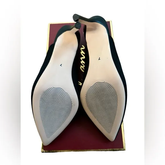 Melyann Jinji New Black Stiletto Leather and Fabric Slingback Heels Size 7