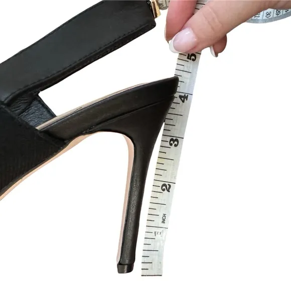 Melyann Jinji New Black Stiletto Leather and Fabric Slingback Heels Size 7