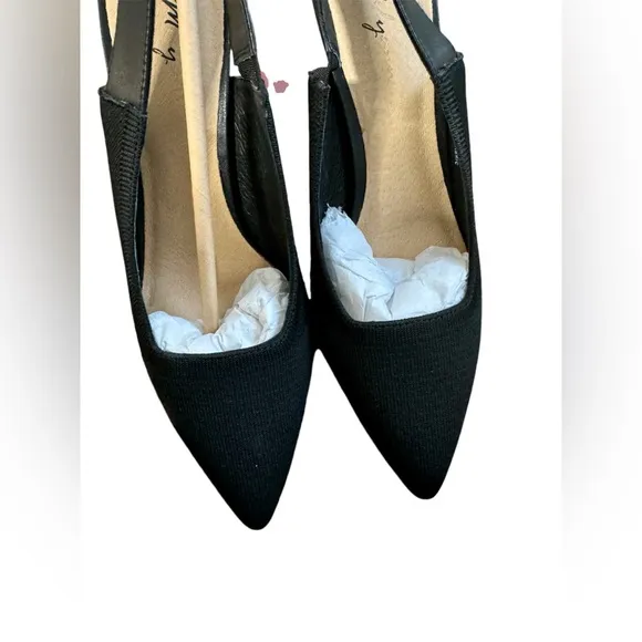 Melyann Jinji New Black Stiletto Leather and Fabric Slingback Heels Size 7