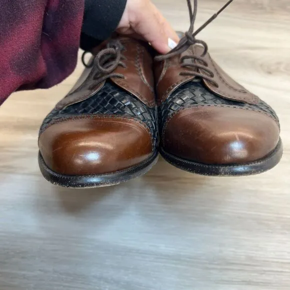 Mens Brown Size 8.5 D Woven Leather Cap Toe Oxfords Made in Italy Bally Lace Up