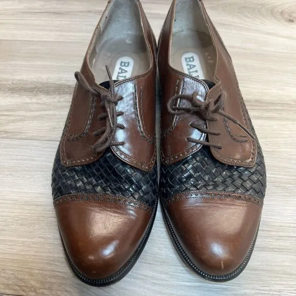 Mens Brown Size 8.5 D Woven Leather Cap Toe Oxfords Made in Italy Bally Lace Up