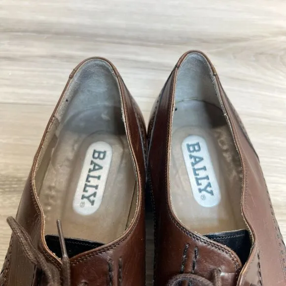 Mens Brown Size 8.5 D Woven Leather Cap Toe Oxfords Made in Italy Bally Lace Up