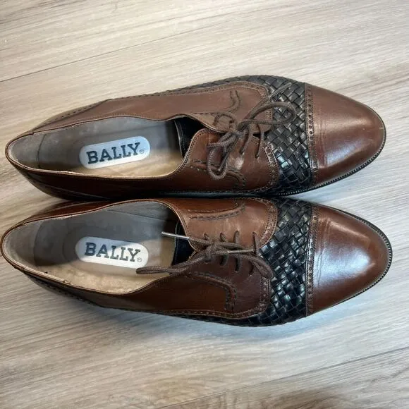 Mens Brown Size 8.5 D Woven Leather Cap Toe Oxfords Made in Italy Bally Lace Up