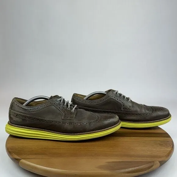 Mens Cole Haan LunarGrand Brown Leather Green Eyelet Wingtip Oxfords Size 11.5 M