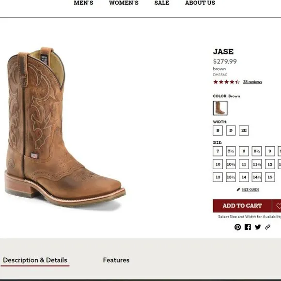 Men's  Double H Wide Square Toe Roper -JASE