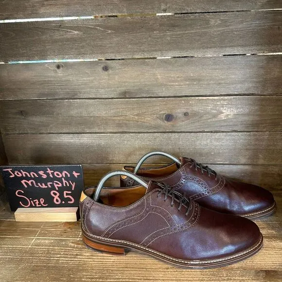 Mens Johnston &amp; Murphy J&amp;M Flex Brown Leather Plain Toe Dress Oxfords Size 8.5 D
