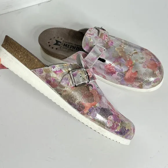 Mephisto Halina Pink Silver Metallic Leather Clogs Shoe Size 10