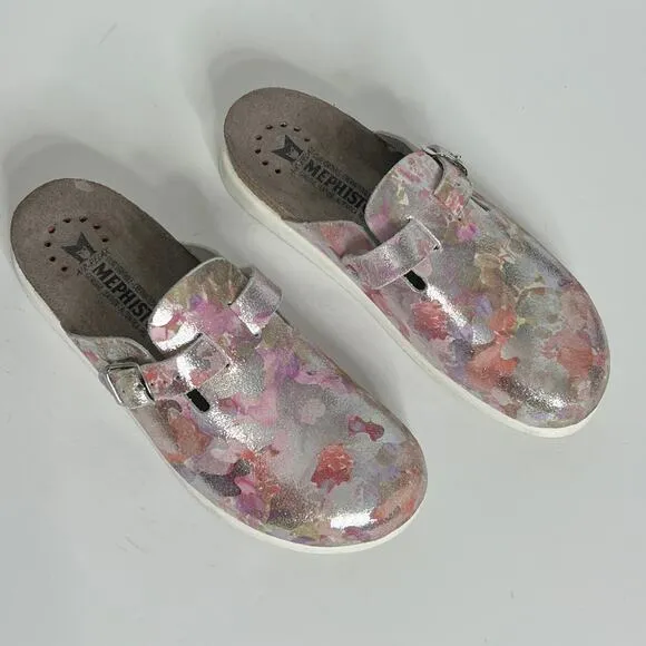 Mephisto Halina Pink Silver Metallic Leather Clogs Shoe Size 10