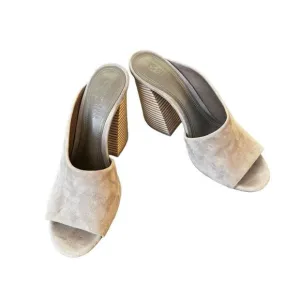 Mercedes Castillo Izar Block Heel Tan Cream Suede Mule Sandal Women's Size 6.5