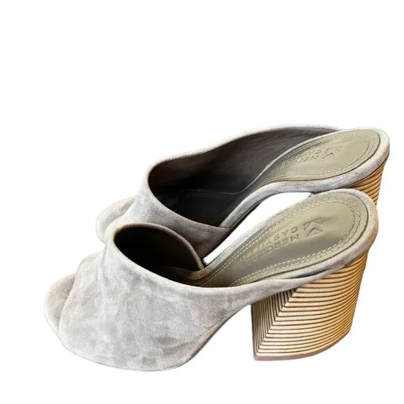 Mercedes Castillo Izar Block Heel Tan Cream Suede Mule Sandal Women's Size 6.5
