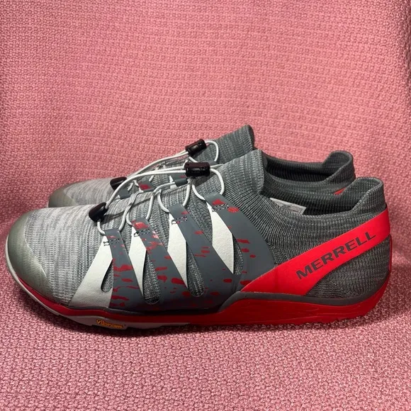 Merrell Mens Bare Access Hyperlock Flex Knit Running Shoes Size 11.5 Gray Red