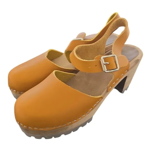 Mia Abba Abby Leather Swedish Clogs Mustard Yellow Platform Free People 38 7.5