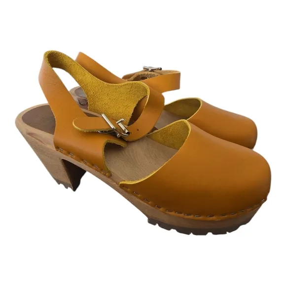 Mia Abba Abby Leather Swedish Clogs Mustard Yellow Platform Free People 38 7.5