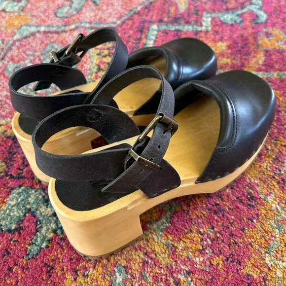 Mia | Women’s black leather Mary Jane style buckle strap wooden platform clogs 7