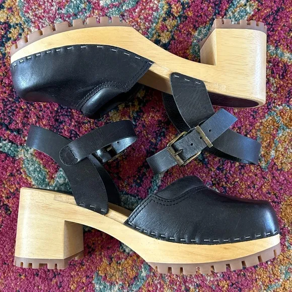 Mia | Women’s black leather Mary Jane style buckle strap wooden platform clogs 7