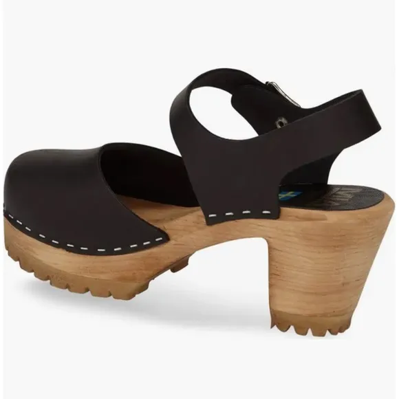 Mia | Women’s black leather Mary Jane style buckle strap wooden platform clogs 7