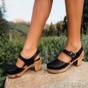 Mia | Women’s black leather Mary Jane style buckle strap wooden platform clogs 7