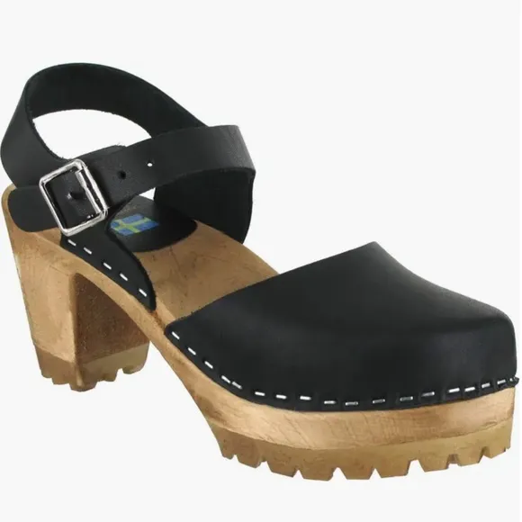 Mia | Women’s black leather Mary Jane style buckle strap wooden platform clogs 7