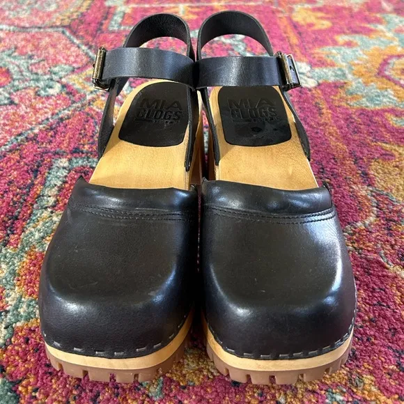 Mia | Women’s black leather Mary Jane style buckle strap wooden platform clogs 7