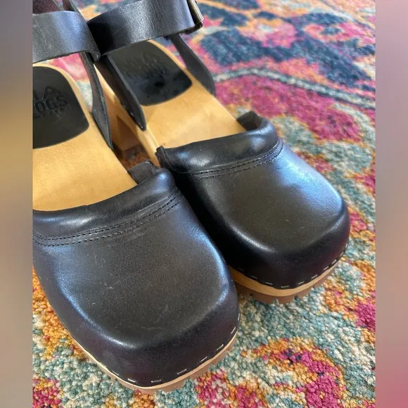 Mia | Women’s black leather Mary Jane style buckle strap wooden platform clogs 7